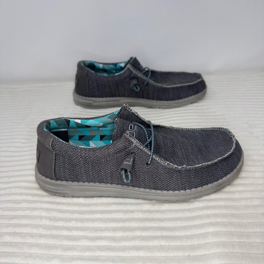 Hey Dude Wally Sox Charcoal Men's Size 9 Slip On Loafers Teal Plaid Lining - Picture 2 of 8